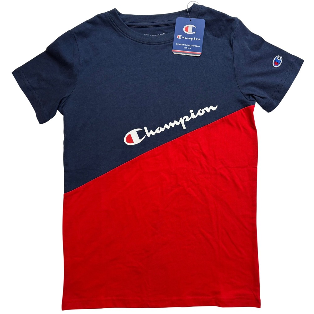 Champion Boys Navy Red Colorblock Script Logo T-Shirt Size Medium‎ M NWT
